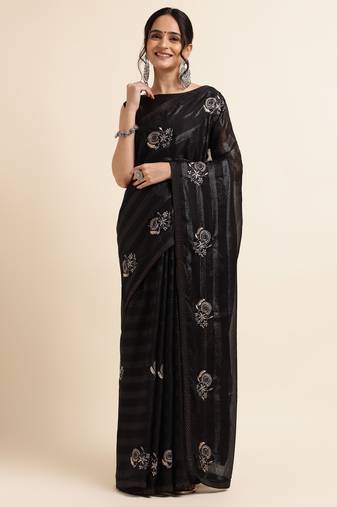 Black Embellished::Embroidered Chiffon Bollywood Saree With Blouse