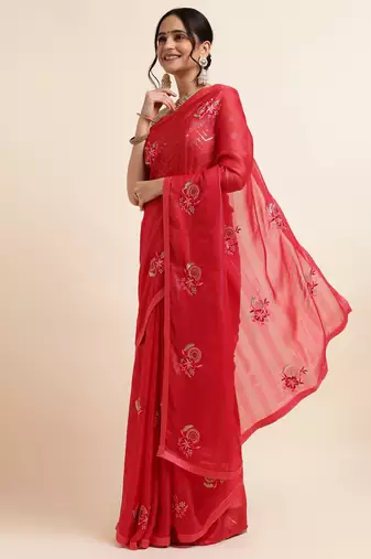Cherry Embellished::Embroidered Chiffon Bollywood Saree With Blouse