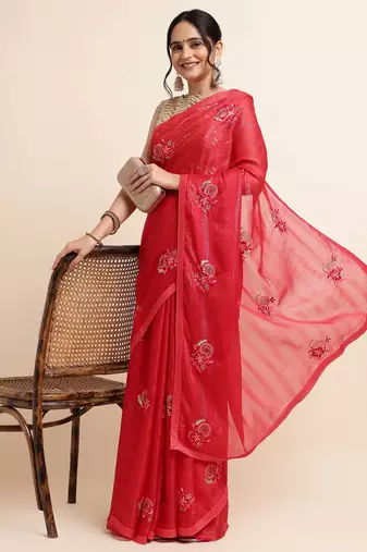Cherry Embellished::Embroidered Chiffon Bollywood Saree With Blouse