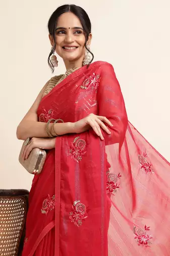 Cherry Embellished::Embroidered Chiffon Bollywood Saree With Blouse