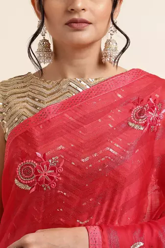 Cherry Embellished::Embroidered Chiffon Bollywood Saree With Blouse