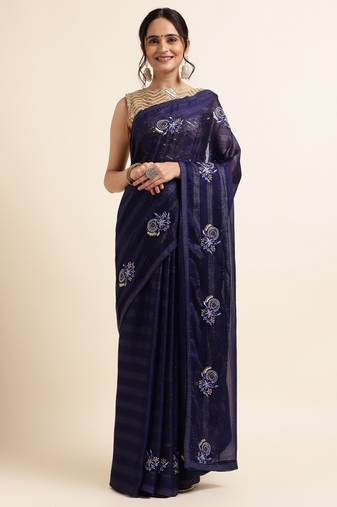 Navyblue Embellished::Embroidered Chiffon Bollywood Saree With Blouse