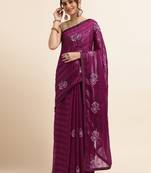 Wine Embellished::Embroidered Chiffon Bollywood Saree With Blouse