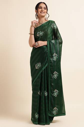 Bottle Green Embellished::Embroidered Chiffon Bollywood Saree With Blouse