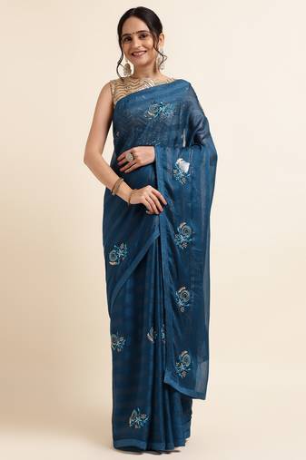 Blue Embellished::Embroidered Chiffon Bollywood Saree With Blouse