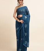 Blue Embellished::Embroidered Chiffon Bollywood Saree With Blouse