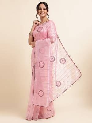 Pink Embellished::Embroidered Organza Bollywood Saree With Blouse 2