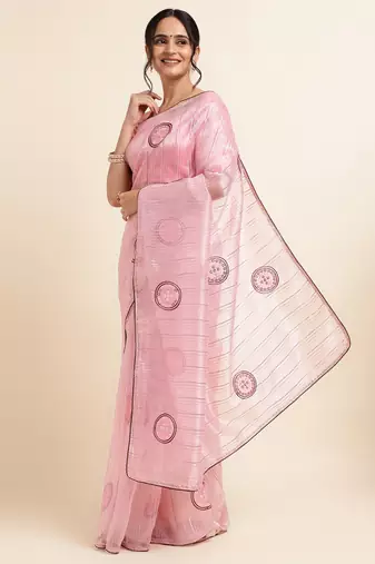 Pink Embellished::Embroidered Organza Bollywood Saree With Blouse