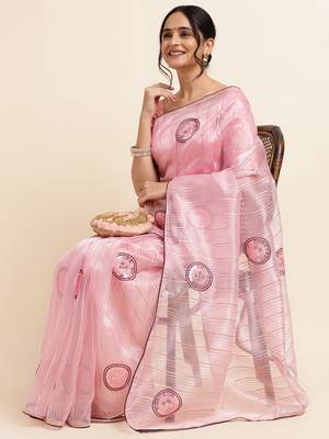 Pink Embellished::Embroidered Organza Bollywood Saree With Blouse 4