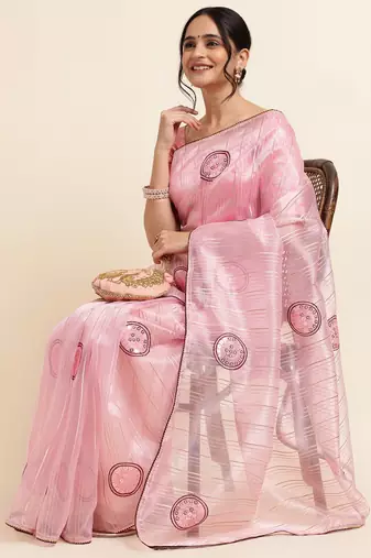 Pink Embellished::Embroidered Organza Bollywood Saree With Blouse