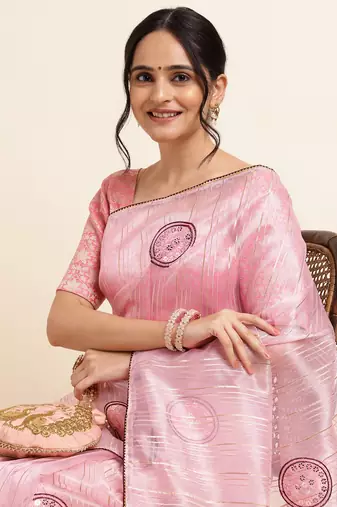 Pink Embellished::Embroidered Organza Bollywood Saree With Blouse