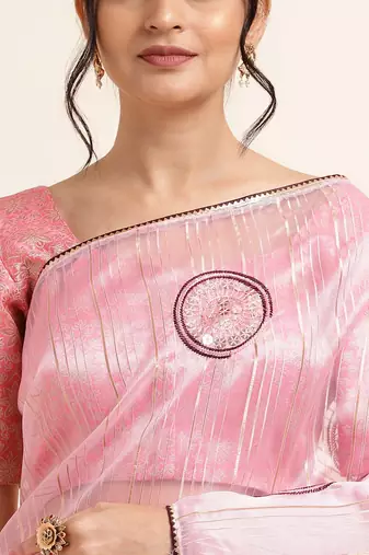 Pink Embellished::Embroidered Organza Bollywood Saree With Blouse