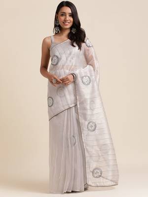 Grey Embellished::Embroidered Organza Bollywood Saree With Blouse 1