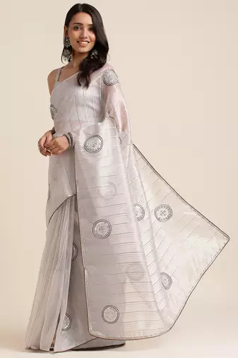 Grey Embellished::Embroidered Organza Bollywood Saree With Blouse