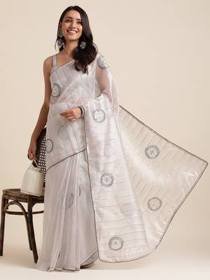 Grey Embellished::Embroidered Organza Bollywood Saree With Blouse 4