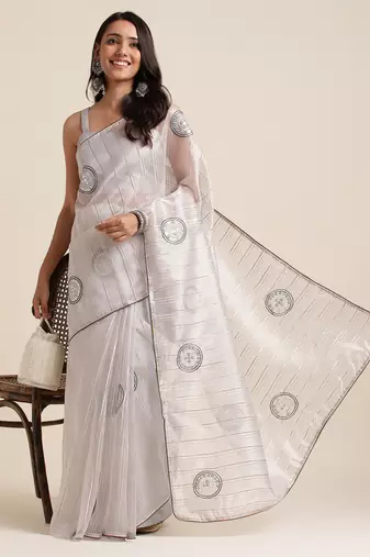 Grey Embellished::Embroidered Organza Bollywood Saree With Blouse