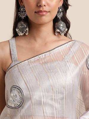 Grey Embellished::Embroidered Organza Bollywood Saree With Blouse 6