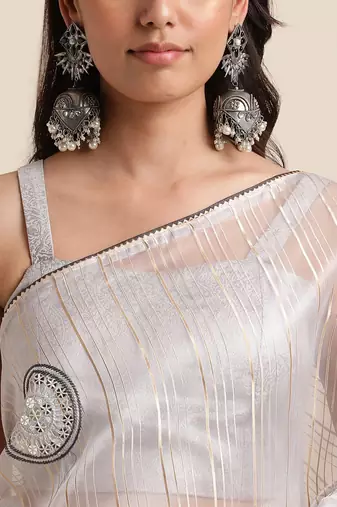 Grey Embellished::Embroidered Organza Bollywood Saree With Blouse