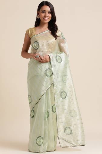 Bottle Green Embellished::Embroidered Organza Bollywood Saree With Blouse