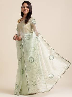 Bottle Green Embellished::Embroidered Organza Bollywood Saree With Blouse 2