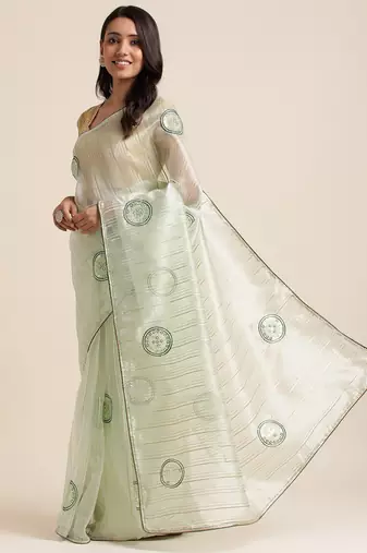 Bottle Green Embellished::Embroidered Organza Bollywood Saree With Blouse