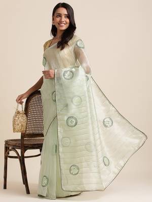 Bottle Green Embellished::Embroidered Organza Bollywood Saree With Blouse 4