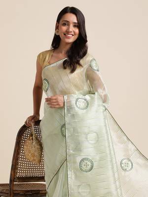 Bottle Green Embellished::Embroidered Organza Bollywood Saree With Blouse 5