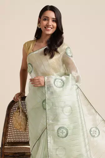 Bottle Green Embellished::Embroidered Organza Bollywood Saree With Blouse