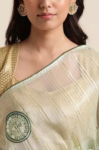 Bottle Green Embellished::Embroidered Organza Bollywood Saree With Blouse
