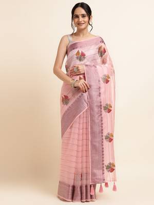 Pink Embellished::Embroidered Organza Bollywood Saree With Blouse 1