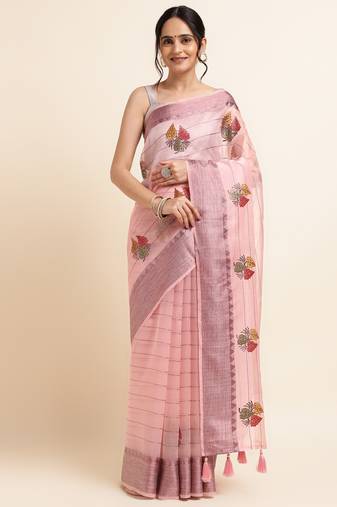 Pink Embellished::Embroidered Organza Bollywood Saree With Blouse