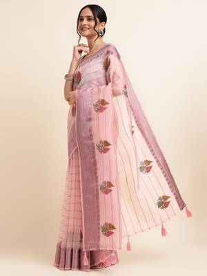 Pink Embellished::Embroidered Organza Bollywood Saree With Blouse 2