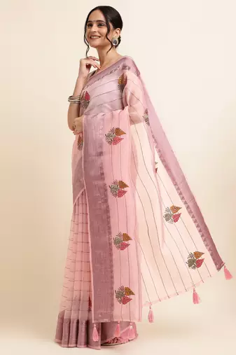 Pink Embellished::Embroidered Organza Bollywood Saree With Blouse