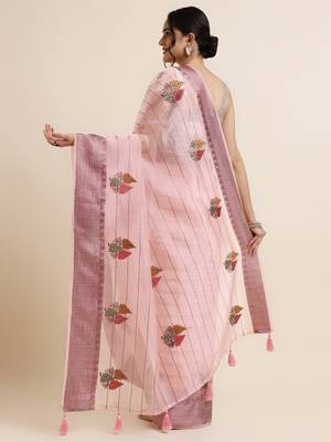 Pink Embellished::Embroidered Organza Bollywood Saree With Blouse 3