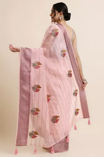 Pink Embellished::Embroidered Organza Bollywood Saree With Blouse