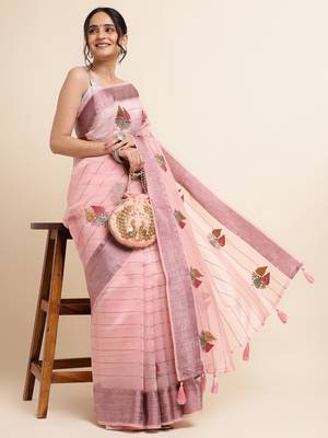 Pink Embellished::Embroidered Organza Bollywood Saree With Blouse 4