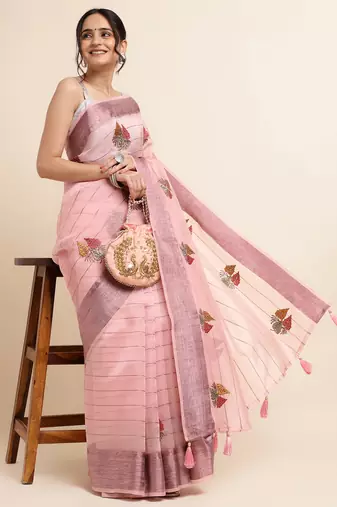 Pink Embellished::Embroidered Organza Bollywood Saree With Blouse