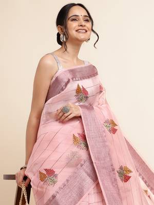 Pink Embellished::Embroidered Organza Bollywood Saree With Blouse 5