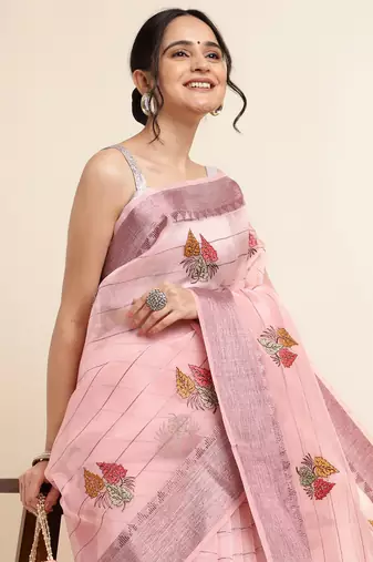 Pink Embellished::Embroidered Organza Bollywood Saree With Blouse