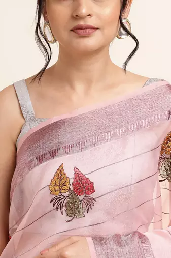 Pink Embellished::Embroidered Organza Bollywood Saree With Blouse