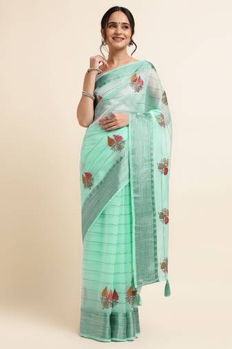 Sea Green Embellished::Embroidered Organza Bollywood Saree With Blouse