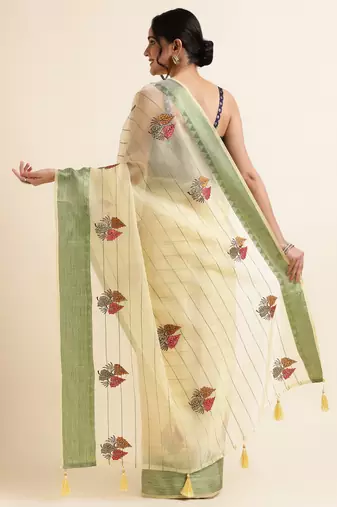 Yellow Embellished::Embroidered Organza Bollywood Saree With Blouse