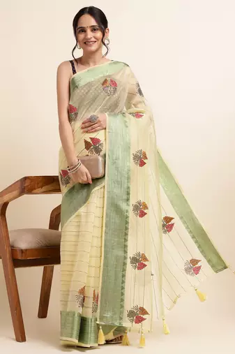 Yellow Embellished::Embroidered Organza Bollywood Saree With Blouse