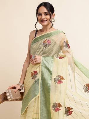 Yellow Embellished::Embroidered Organza Bollywood Saree With Blouse 5