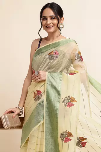 Yellow Embellished::Embroidered Organza Bollywood Saree With Blouse