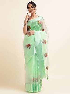 Mint Green Embellished::Embroidered Organza Bollywood Saree With Blouse 1