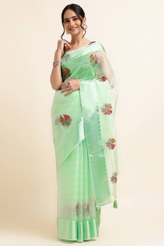 Mint Green Embellished::Embroidered Organza Bollywood Saree With Blouse