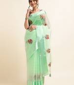 Mint Green Embellished::Embroidered Organza Bollywood Saree With Blouse