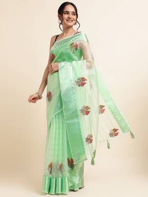 Mint Green Embellished::Embroidered Organza Bollywood Saree With Blouse 2
