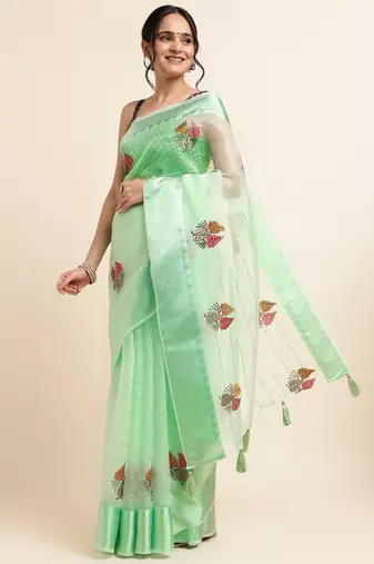 Mint Green Embellished::Embroidered Organza Bollywood Saree With Blouse